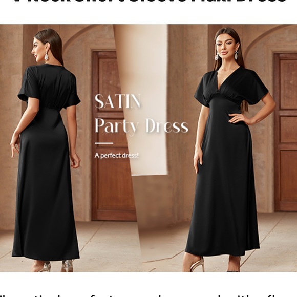 Satin V-Neck Flutter Sleeve A-Line Gown - Picture 2 of 6